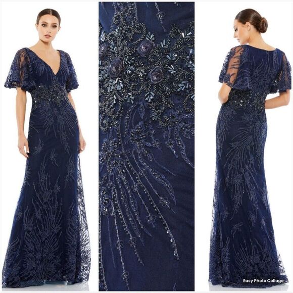 Mac Duggal 67493 VINTAGE FLUTTER SLEEVE EVENING GOWN Dress 18 Blue